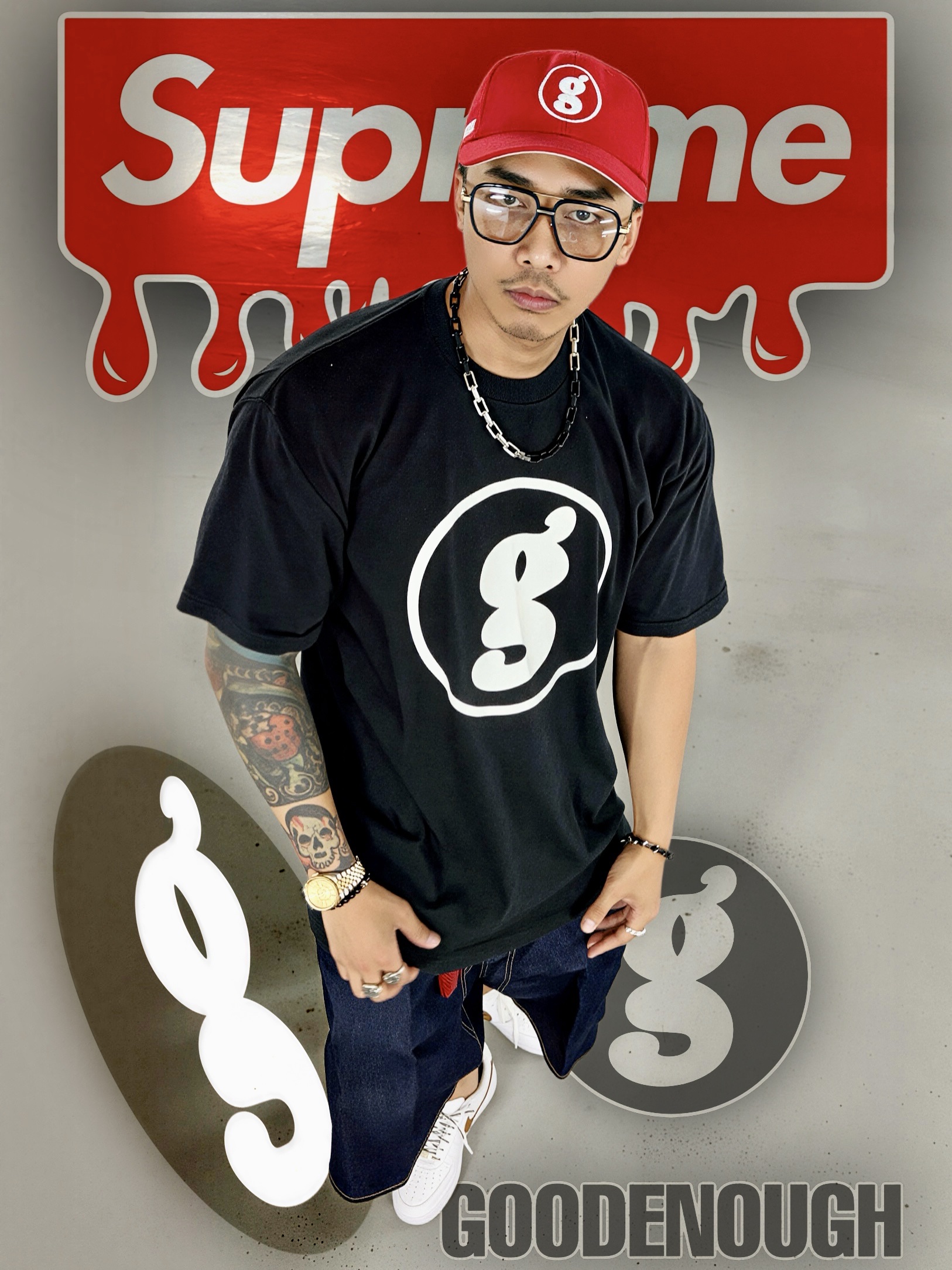 Supreme x GOODENOUGH 6-Panel Red - 25SS, Supreme x GOODENOUGH End Racism T-Shirt Black - 25SS 착용 스타일