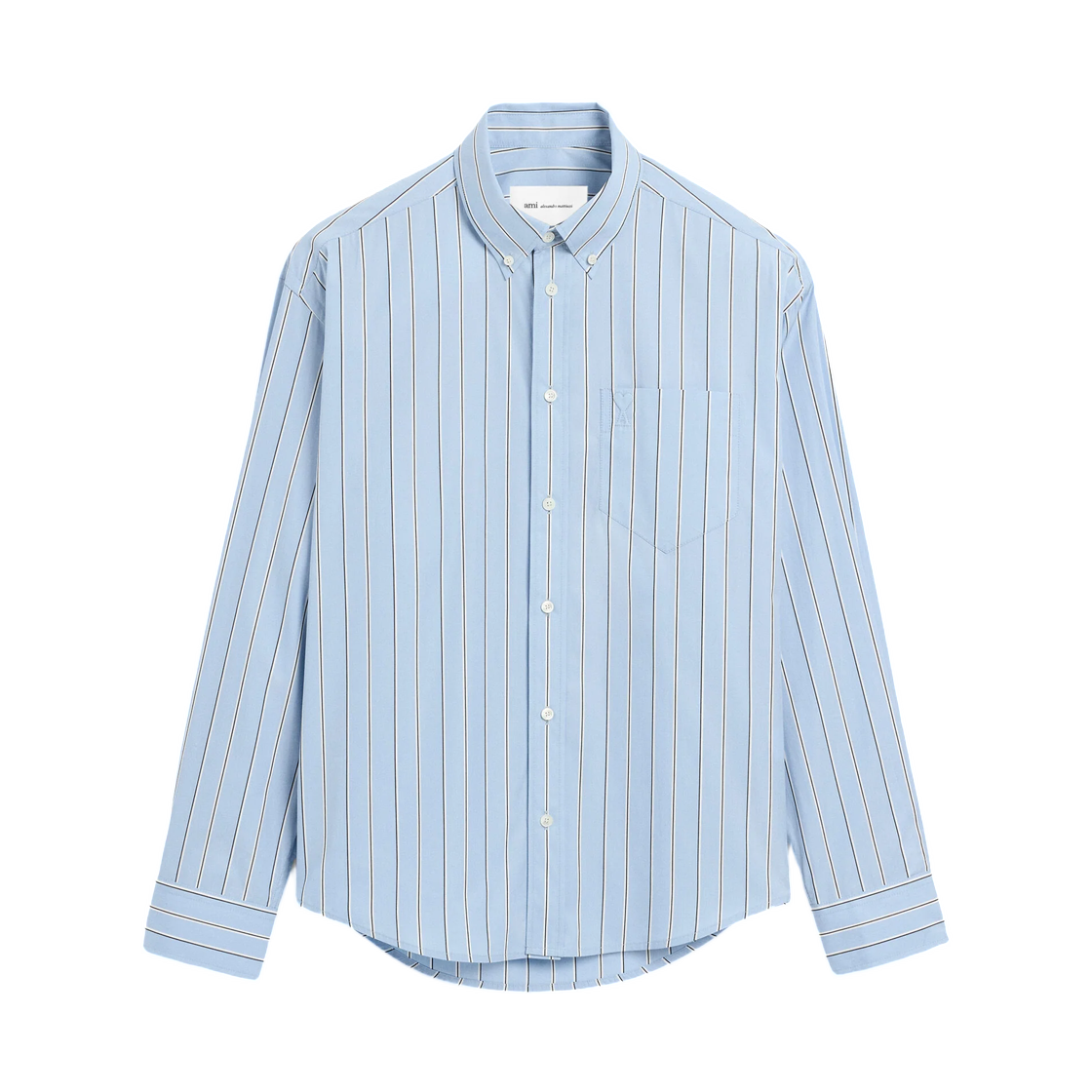 HSH873-CO0249-A232 AMI Blue Boxy Striped Cotton Shirt with Embossed Ami De Coeur Tone-On-Tone Cashmere Blue Ivory