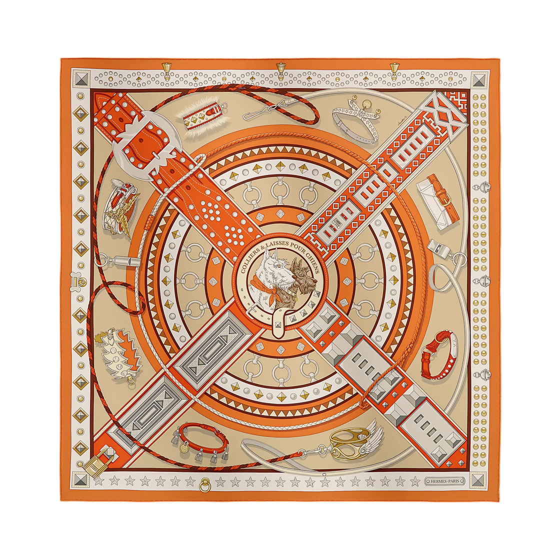 H004391S06 Hermes Colliers Et Laisses Pour Chiens Scarf 90 Silk Twill & Orange Clair Alezan Blanc