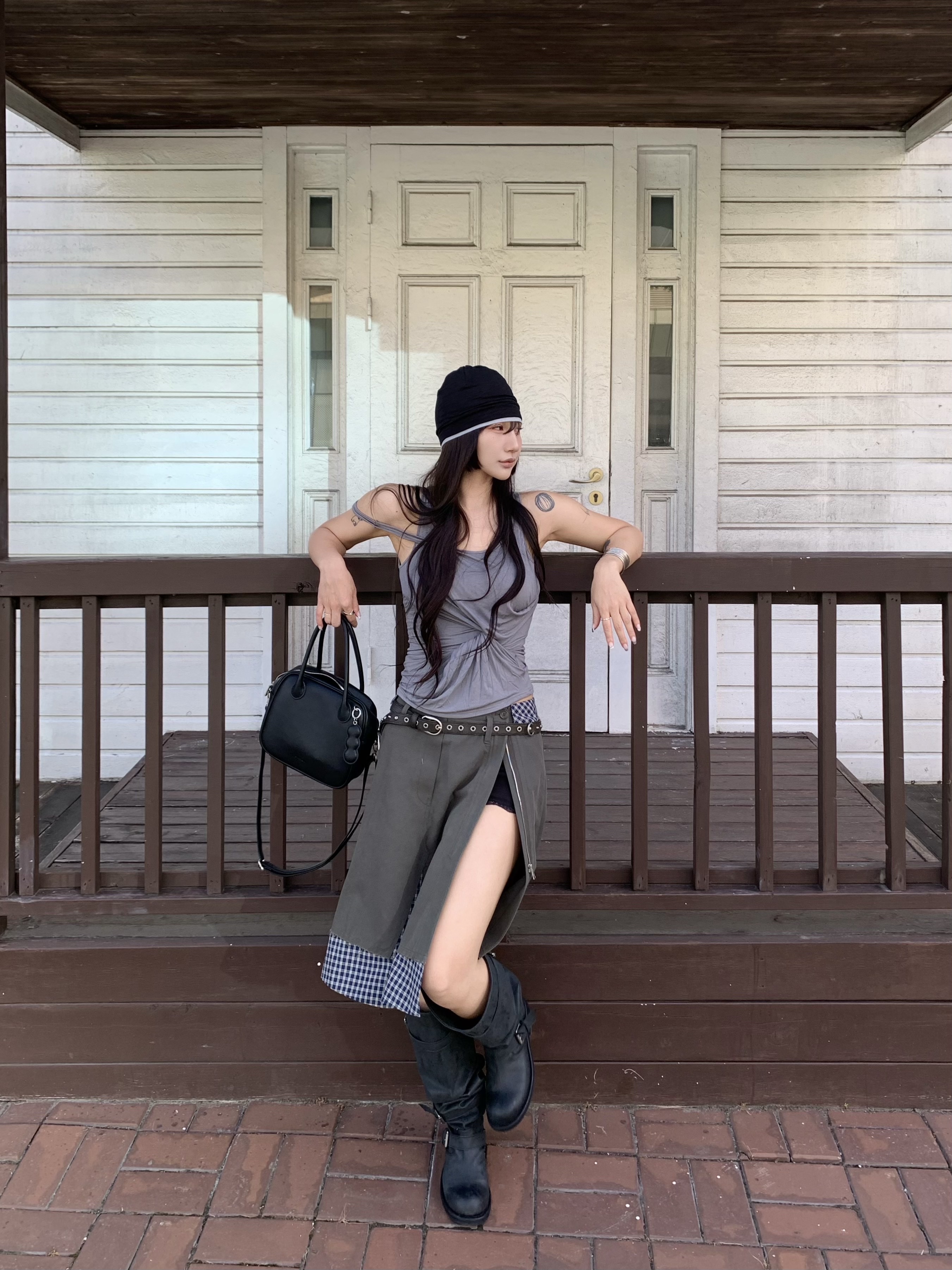 Vacant Archive Diego Double Layer Belt Brown 착용 스타일