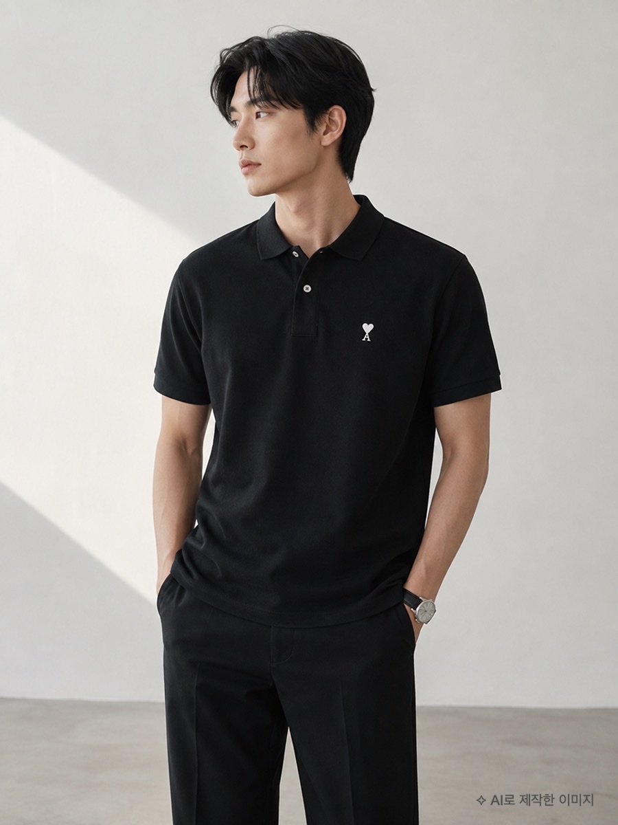 [25% 쿠폰] AMI de Coeur Cotton Short Sleeve Polo Shirt Black White Cream, AMI de Coeur Cotton Short Sleeve Polo Shirt Black White Cream 착용 스타일