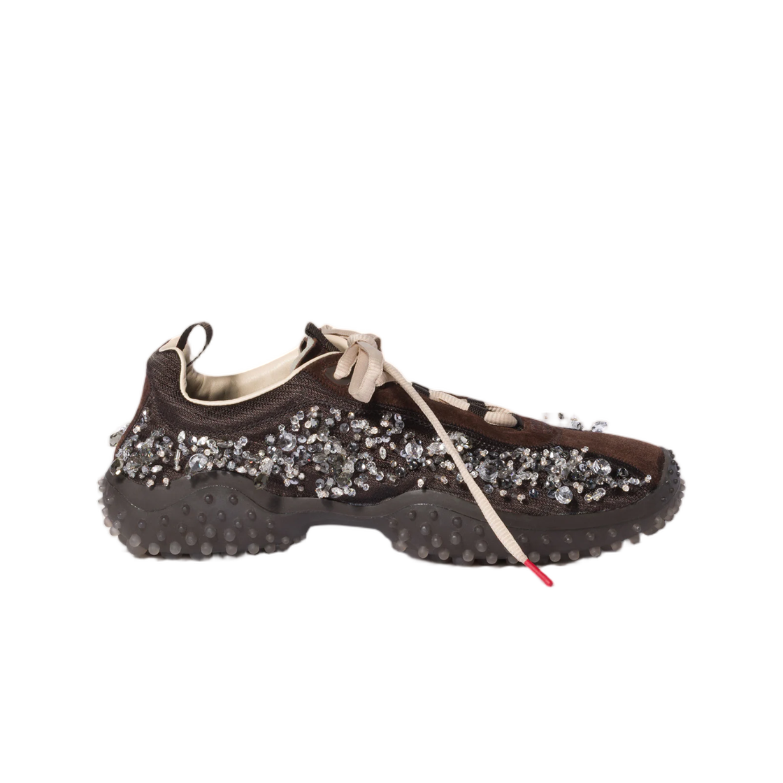 5E808E-3ZR4-F0003 (W) Miu Miu Bubble Embroidered Technical Fabric and Suede Sneakers Dark Brown
