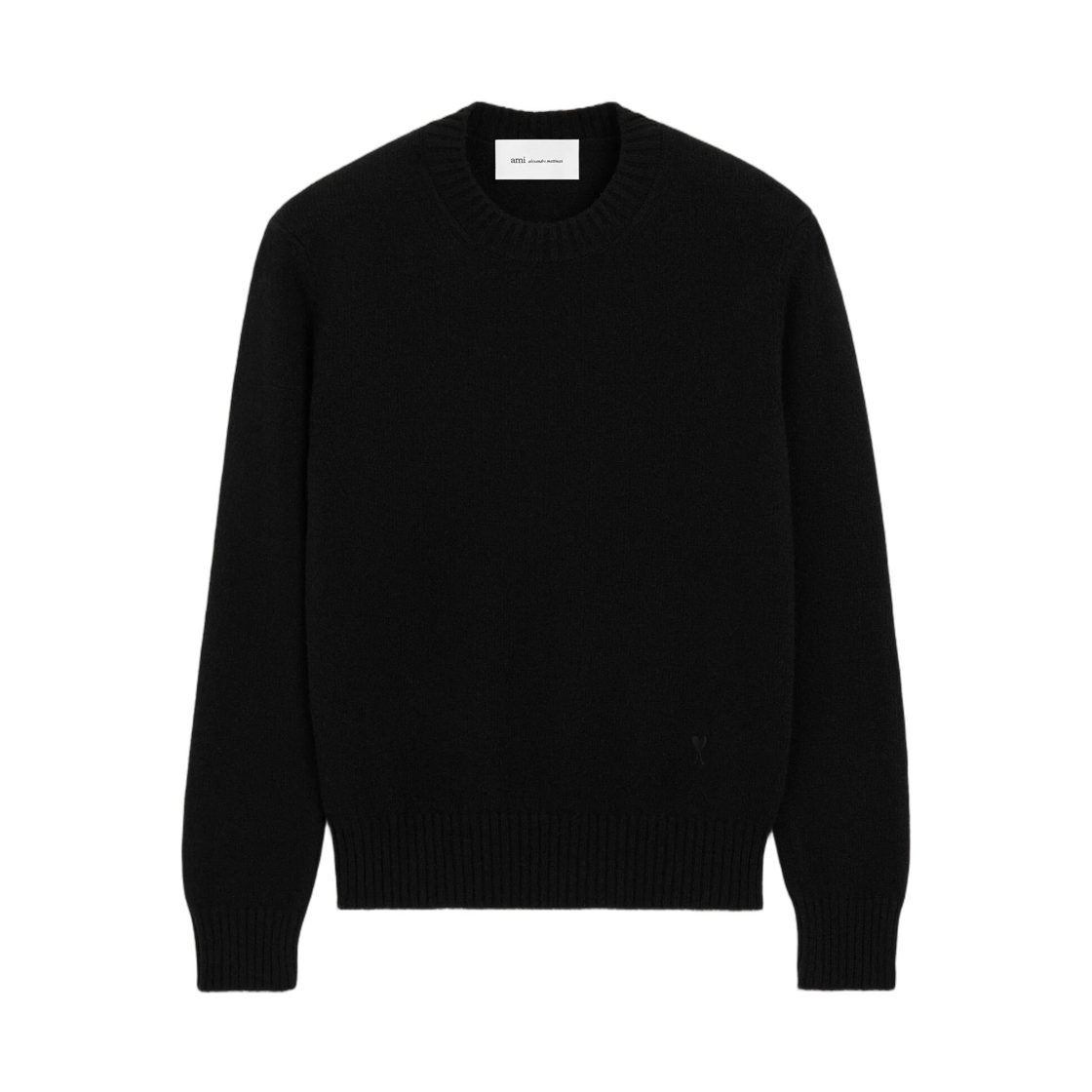 HKS832-005-001 AMI Black Crewneck Cashmere Sweater with Ami De Coeur Tone-On-Tone Black