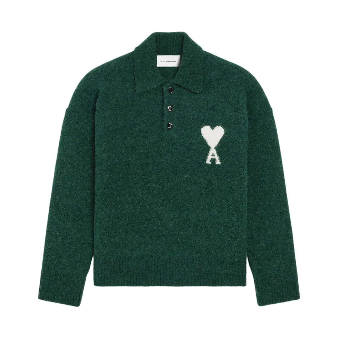 UPL408-KN0135-A279 AMI Green Alpaca Polo with Ami De Coeur Bottle Green Ecru