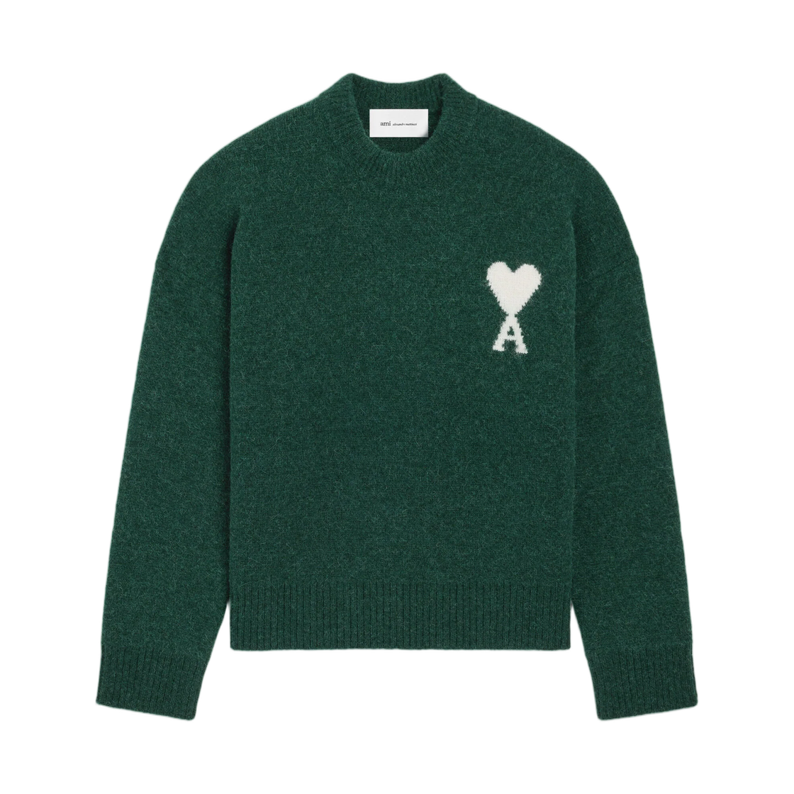 UKS836-KN0135-A279 AMI Green Crewneck Alpaca Sweater with Ami De Coeur Bottle Green Ecru