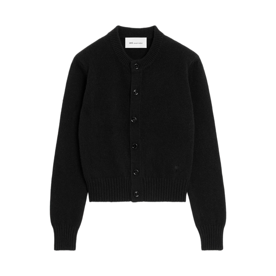 FKC364-005-001 (W) AMI Black Crewneck Cashmere Cardigan with Ami De Coeur Tone-On-Tone Black