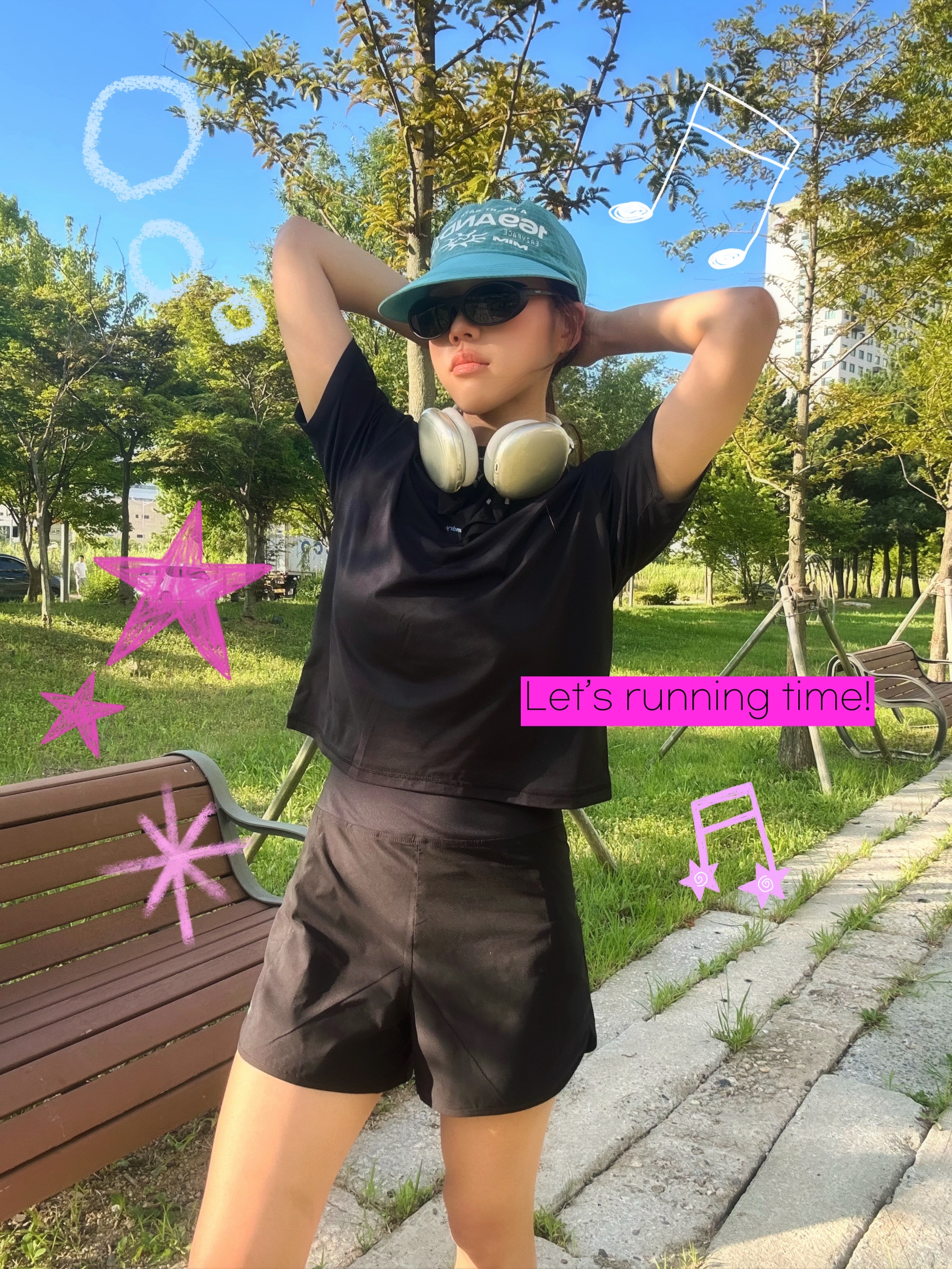 MIM (W)Relaxed Shorts 4"_Black, MIM Ripstop Cap Emerald 착용 스타일