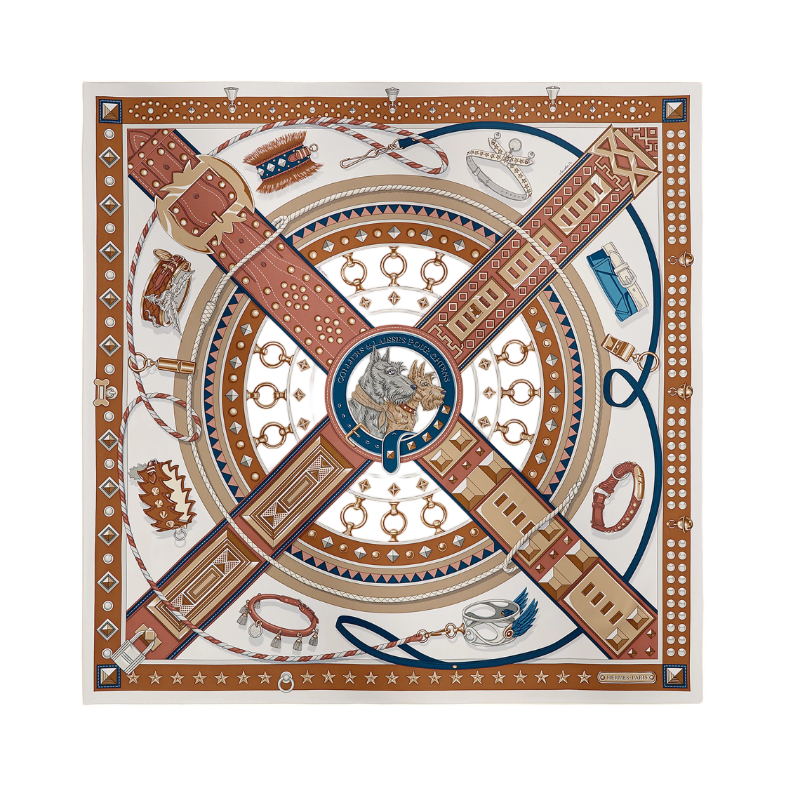 H004391S05 Hermes Colliers Et Laisses Pour Chiens Scarf 90 Silk Twill & Blanc Cuir Marine