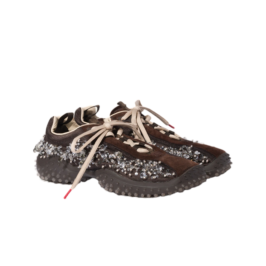 (W) 미우 미우 버블 자수 테크니컬 패브릭 앤 스웨이드 스니커즈 다크 브라운((W) Miu Miu Bubble Embroidered Technical Fabric and Suede Sneakers Dark Brown) - 2
