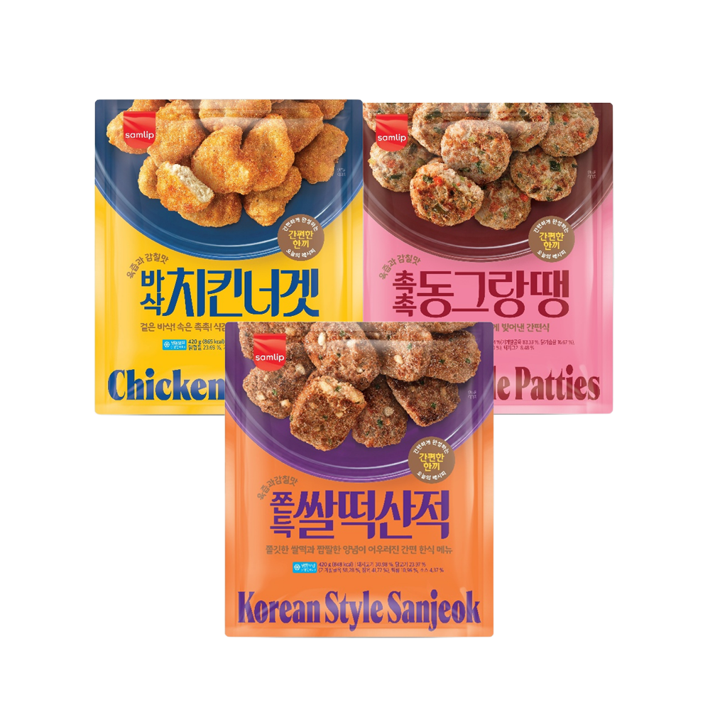 삼립 밥반찬 420g 3종 2봉 (동그랑땡/쌀떡산적/치킨너겟)(Samlip Side Dishes 420g – 2 Packs (Assorted 3 Types: Mini Meat Patties / Rice Cake Skewers / Chicken Nuggets))