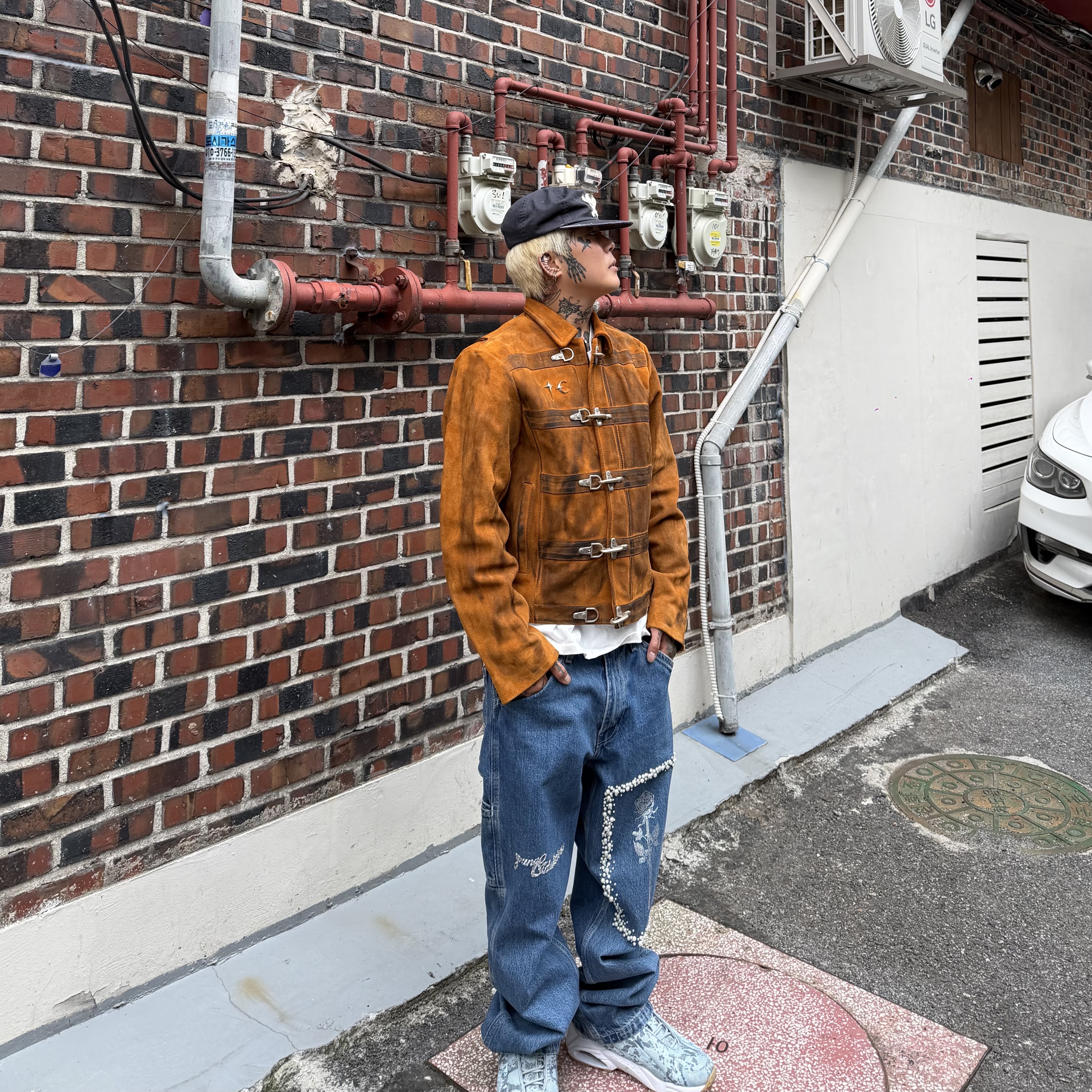NOFAKESHIT Rosepenter 32x32, Thug Club Bio Soldier Leather Jacket Camel 착용 스타일 - 3