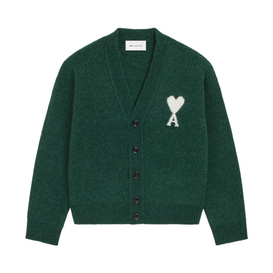UKC365-KN0135-A279 AMI Green Alpaca Cardigan with Ami De Coeur Bottle Green Ecru