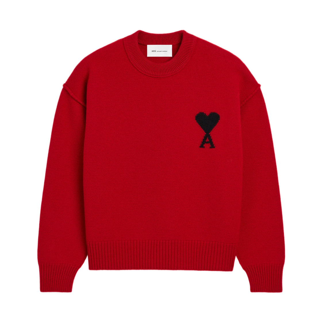 UKS838-018-A252 AMI Red Crewneck Wool Sweater with Ami De Coeur Ruby Red Black