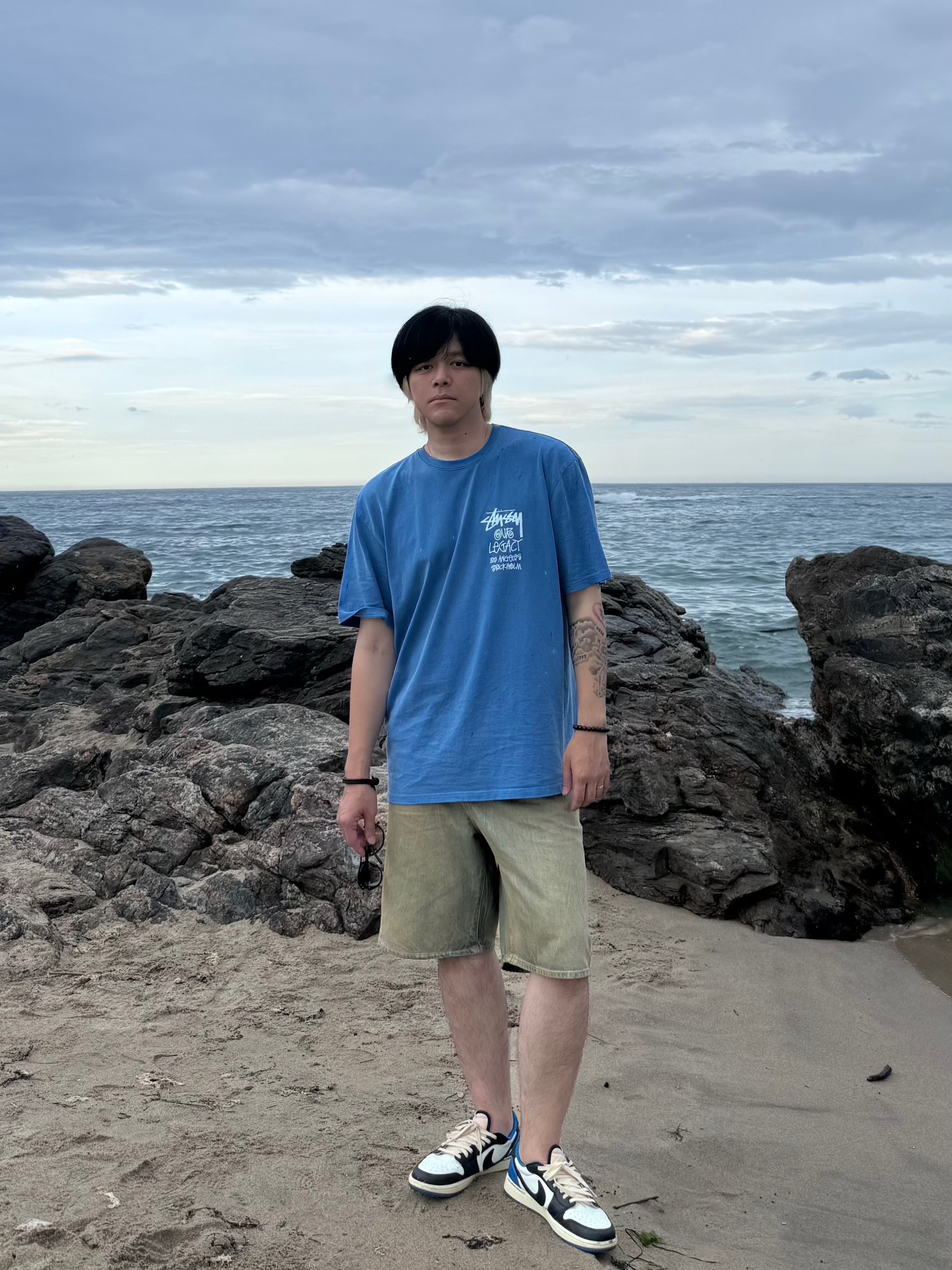 Stussy x Our Legacy Surfman T-Shirt Blue - 21SS, Stussy Denim Big OL' Shorts Sandwash 착용 스타일 - 4