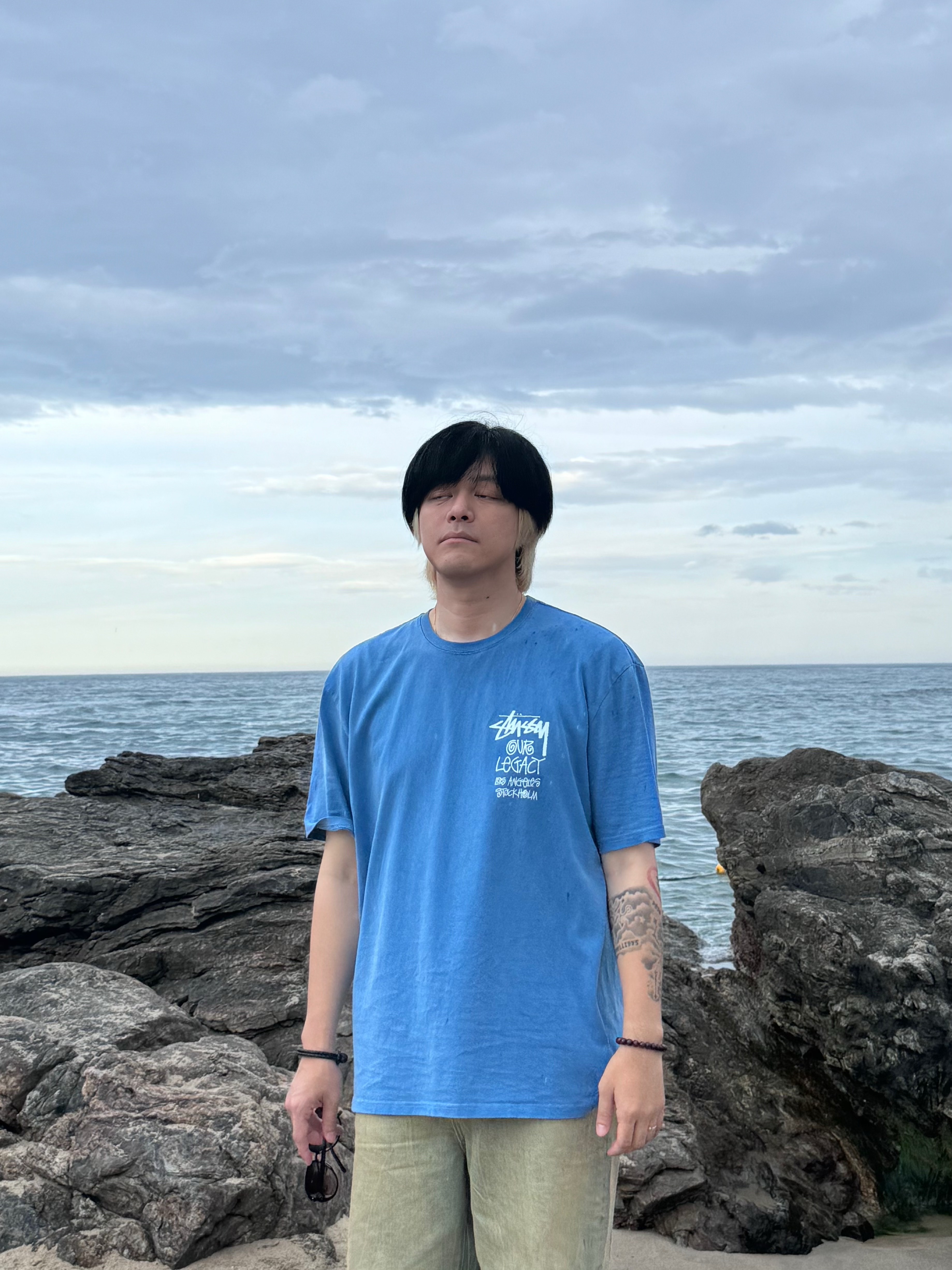 Stussy x Our Legacy Surfman T-Shirt Blue - 21SS, Stussy Denim Big OL' Shorts Sandwash 착용 스타일 - 3