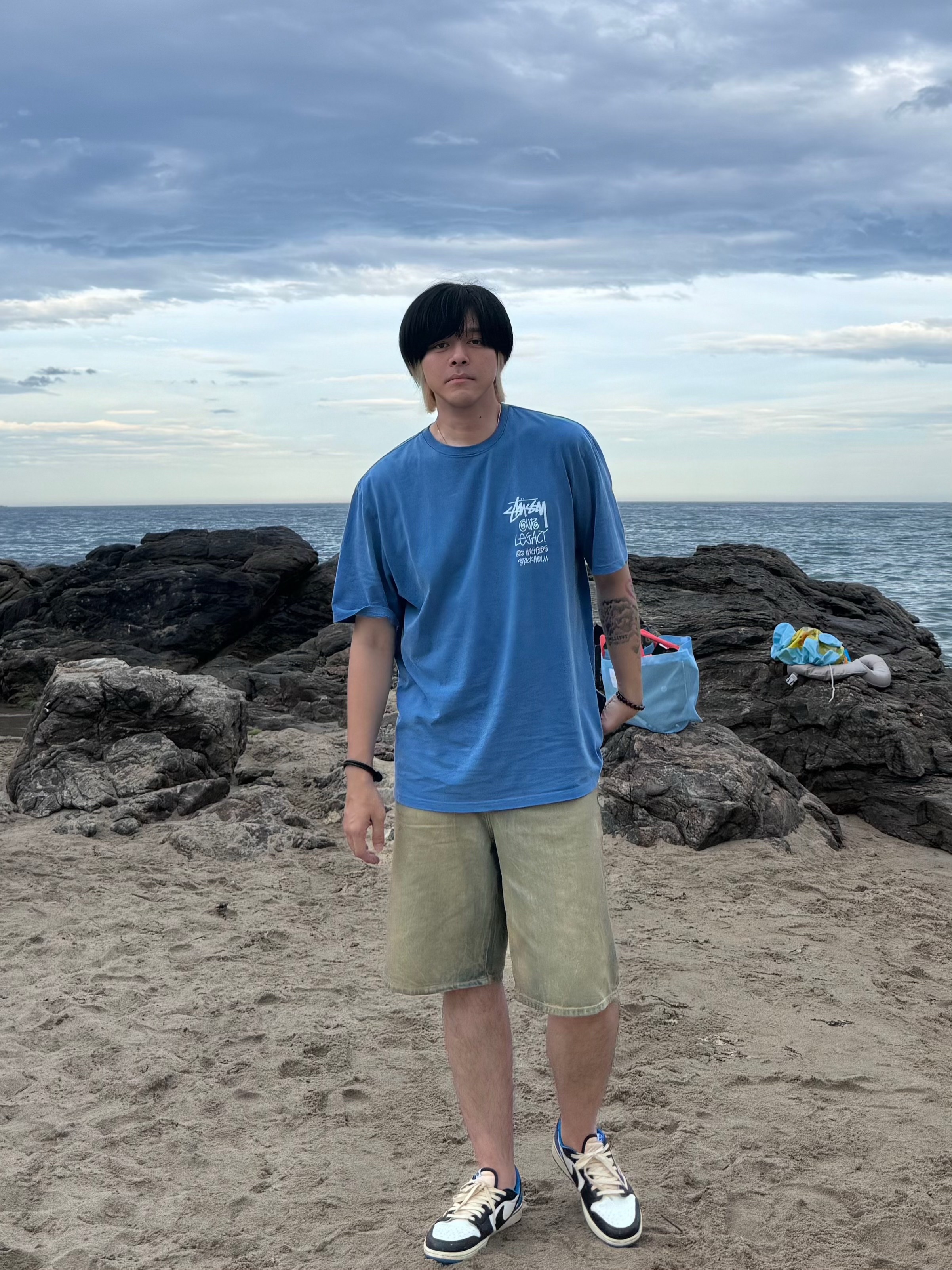 Stussy x Our Legacy Surfman T-Shirt Blue - 21SS, Stussy Denim Big OL' Shorts Sandwash 착용 스타일 - 1