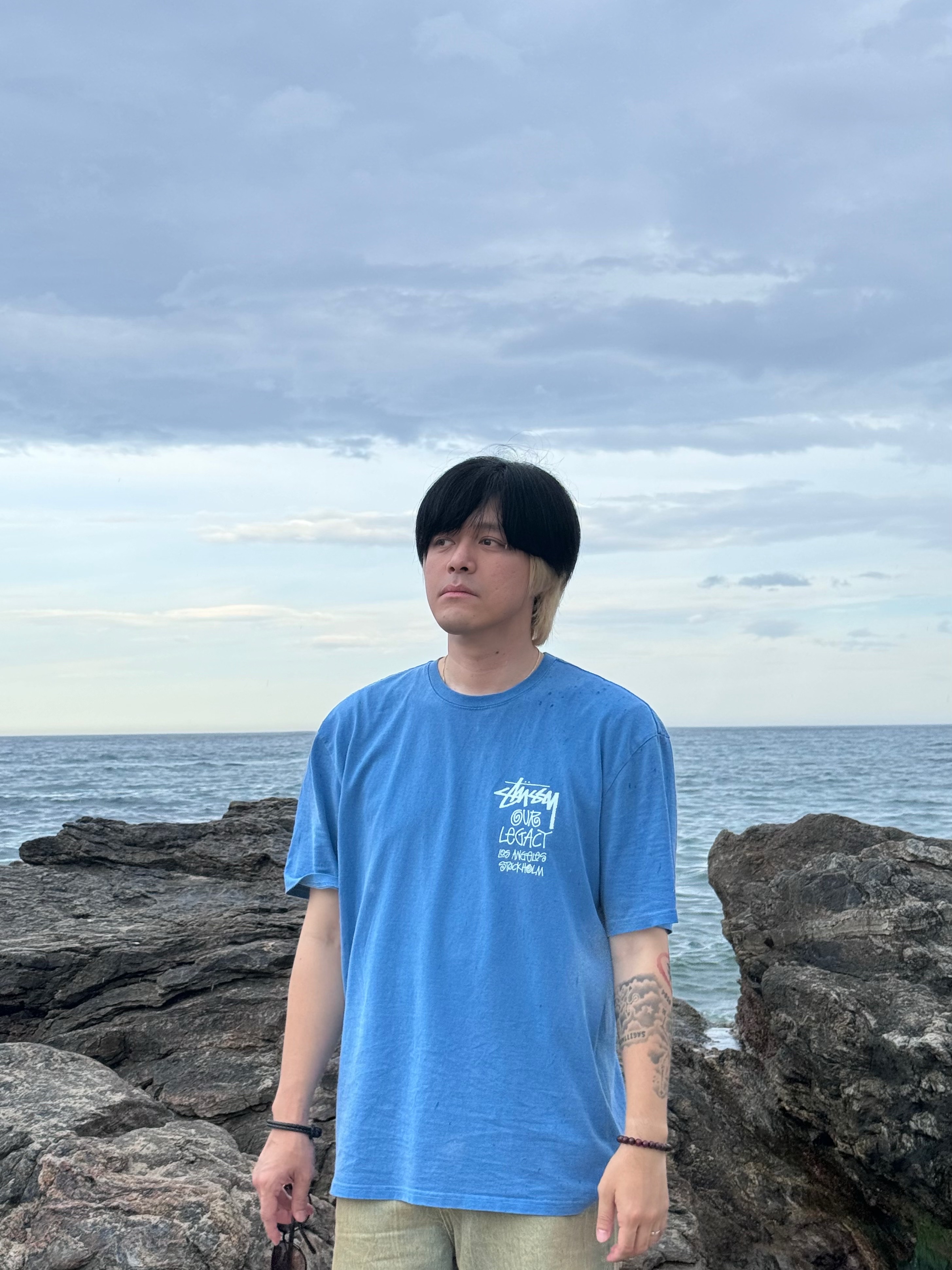 Stussy x Our Legacy Surfman T-Shirt Blue - 21SS, Stussy Denim Big OL' Shorts Sandwash 착용 스타일 - 2