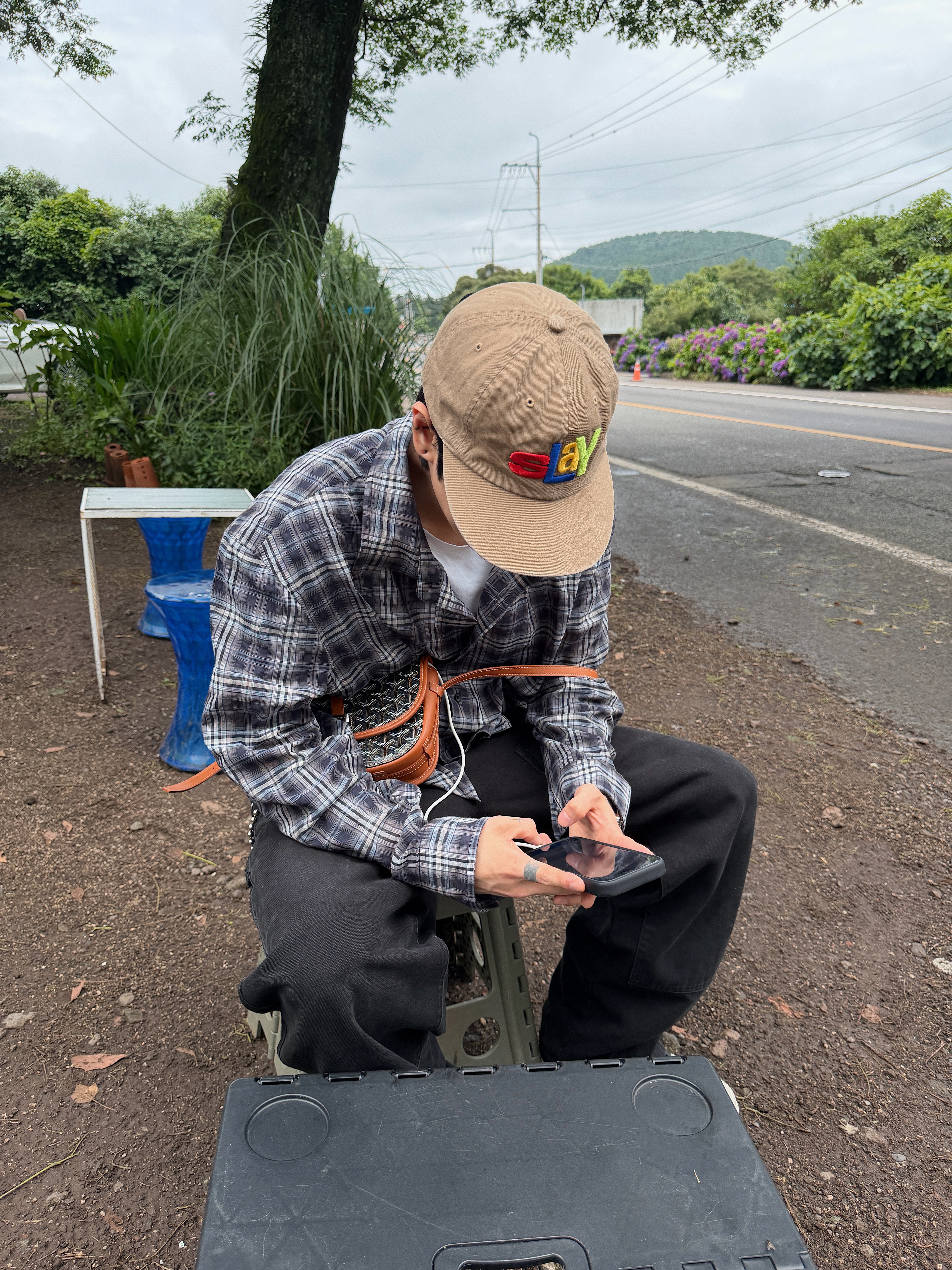Nonnod Flexible String Check Shirt Japanese Linen Blue, Nonnod Patina Double Knee Pants Faded Black 착용 스타일 - 2