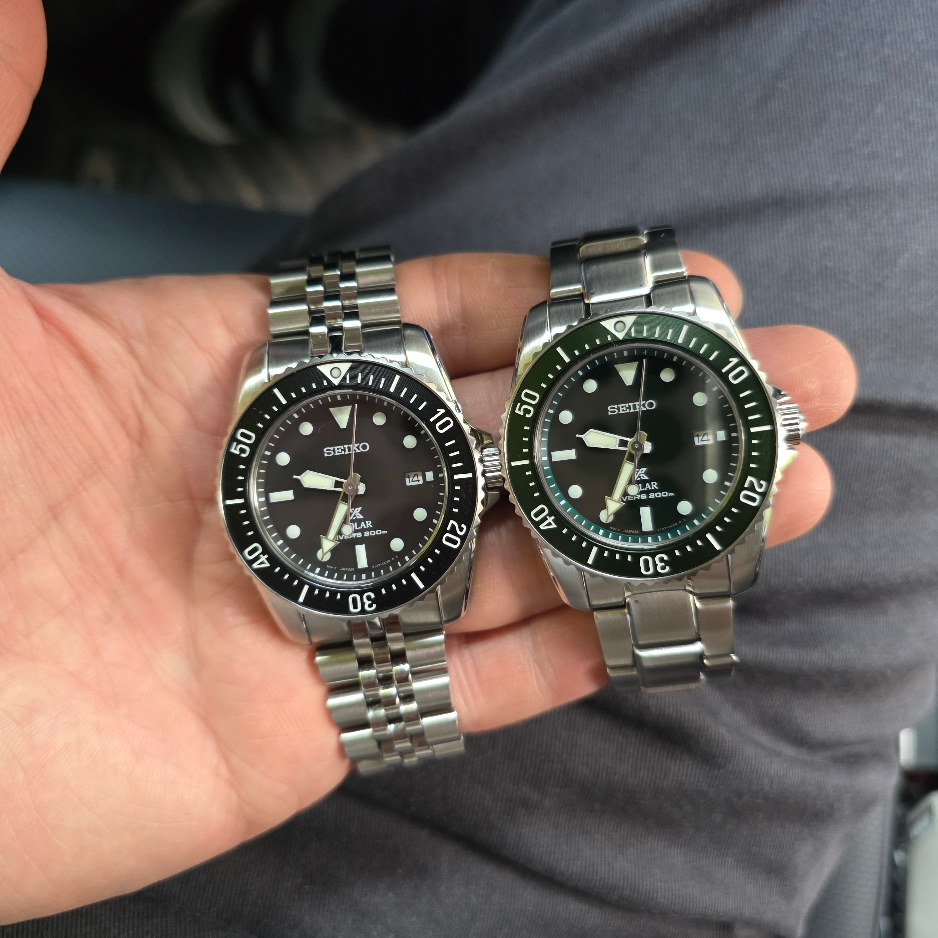 Seiko Prospex SNE573/SBDN075 38.5mm Black, Seiko Sports SNE583P1 Green Sunray Finish 착용 스타일