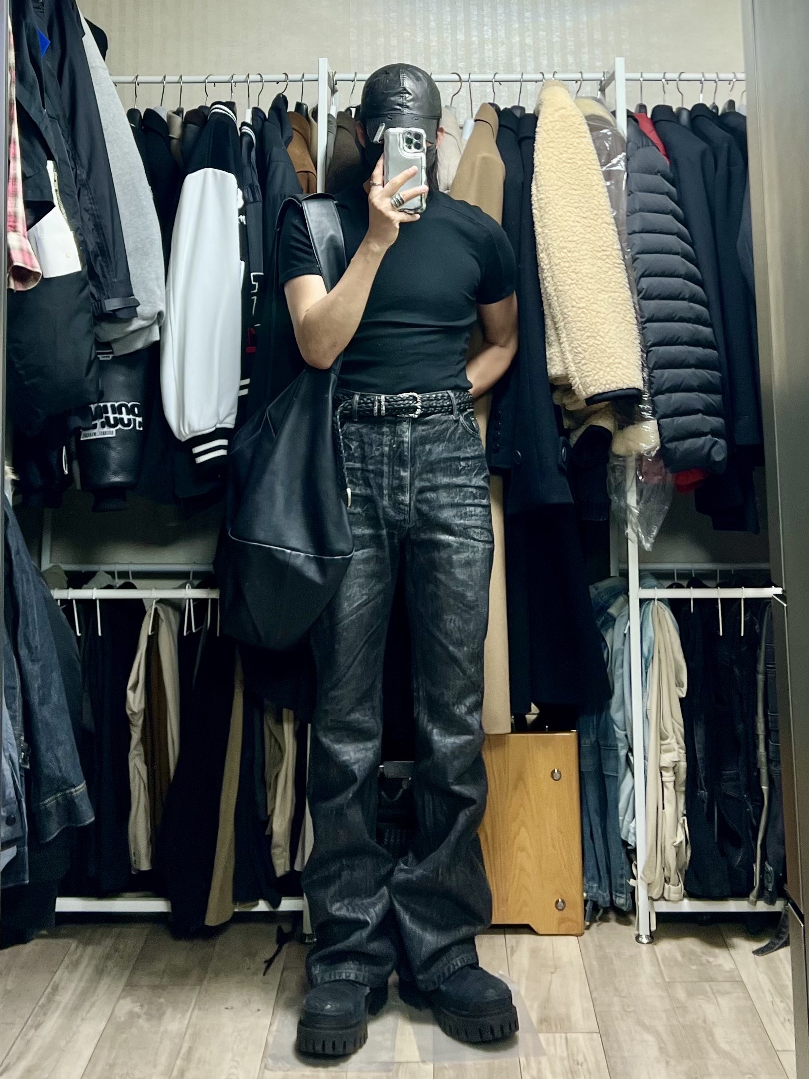 Balenciaga Combat Strike 20mm Boots Black, emostanceclub Black Dust Coated Flare Jeans 착용 스타일