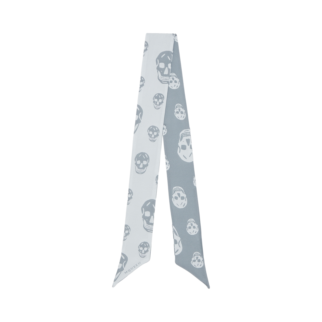 (W) 알렉산더 맥퀸 리본 스컬 스카프 블루 그레이((W) Alexander McQueen Ribbon Skull Scarf in Blue Grey)