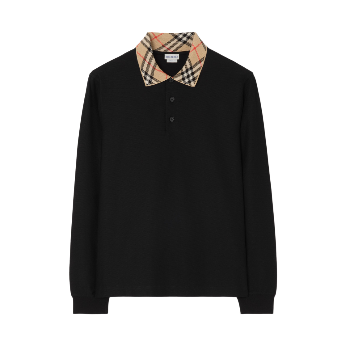 8132655 Burberry Long Sleeve Check Collar Cotton Polo Shirt Black
