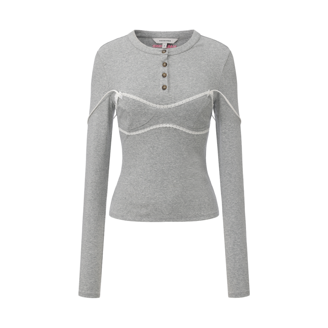 마크공 우먼 레이스 트림 브라렛 디테일 롱 슬리브 헨리 셔츠 그레이 - 26FW(Markgong Women Lace Trim Bralette Detail Long Sleeve Henley Shirt Grey - 26FW)