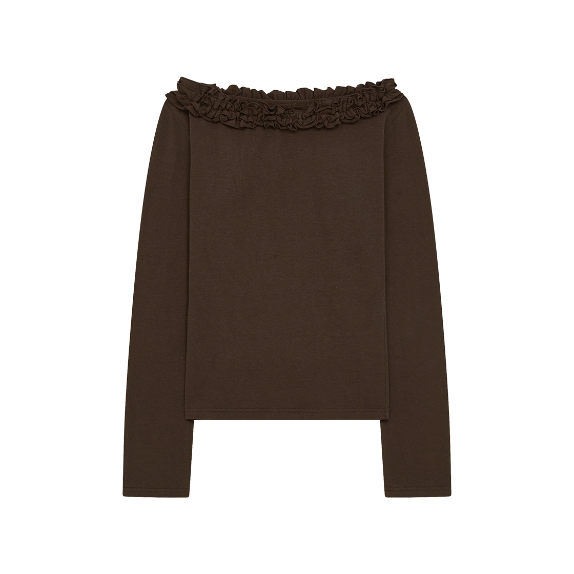 마가린핑거스 보트넥 러플 티셔츠 브라운(Margarain Fingers Boat Neck Ruffle T-Shirt Brown)