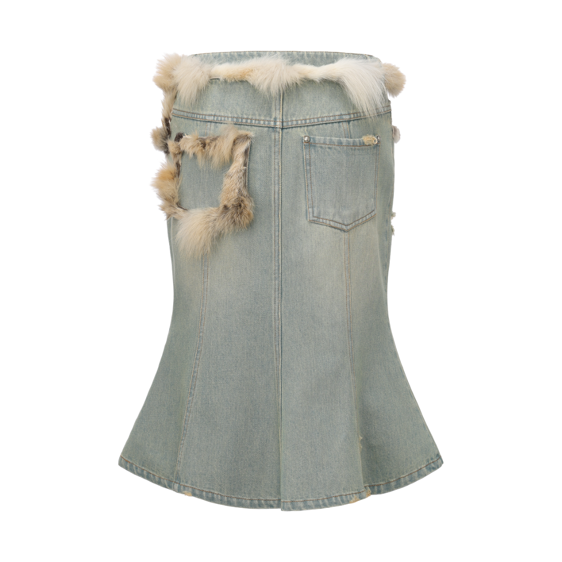 마크공 우먼 폭스 퍼 트림 데님 머메이드 스커트 라이트 블루 - 26FW(Markgong Women Fox Fur Trim Denim Mermaid Skirt Light Blue - 26FW) - 2