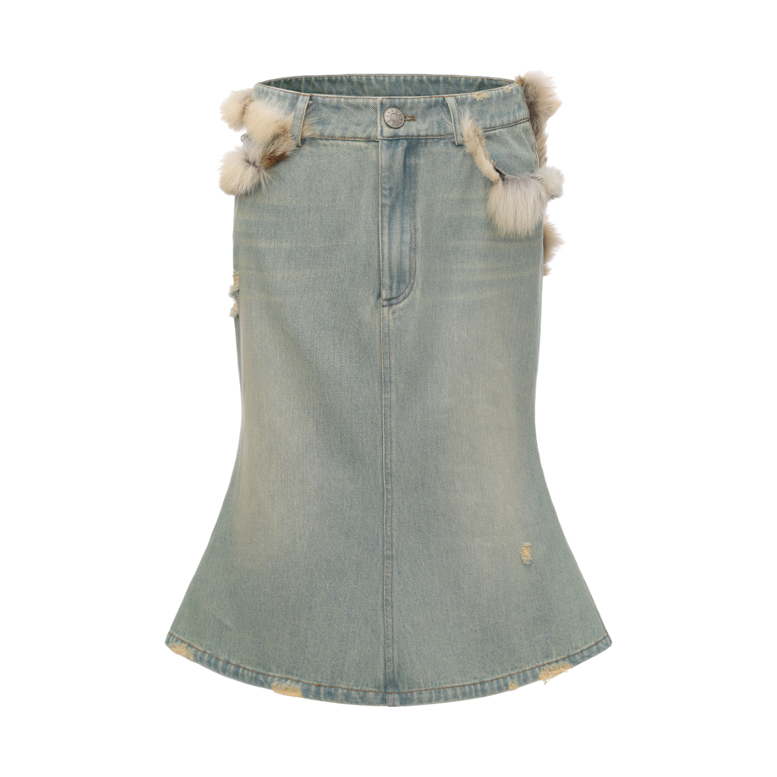 KW6DSKDGO04LB Markgong Women Fox Fur Trim Denim Mermaid Skirt Light Blue - 26FW