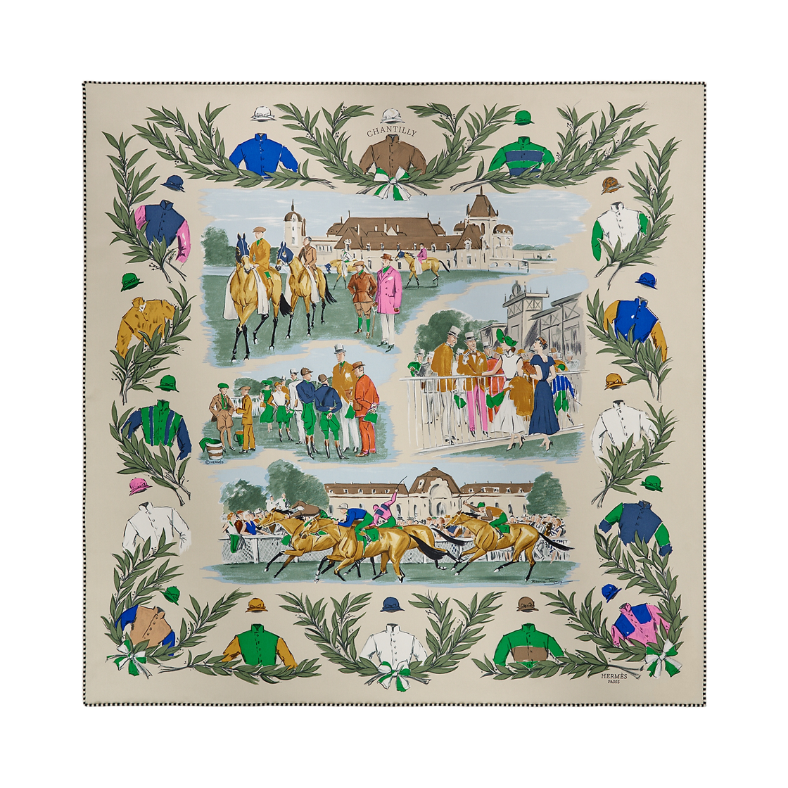 H981173S04 (W) Hermes Champ De Courses A Chantilly Scarf 70 & Beige Cendre Bleu Multicolore
