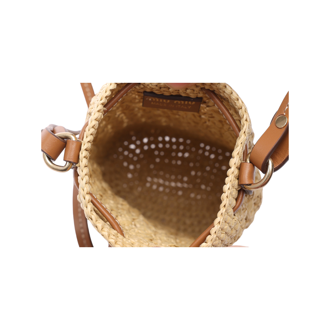 [25% 쿠폰] 미우 미우 라피아 미니 버킷백 베이지 꼬냑([25% 쿠폰] Miu Miu Raffia Mini Bucket Bag Beige Cognac) - 6