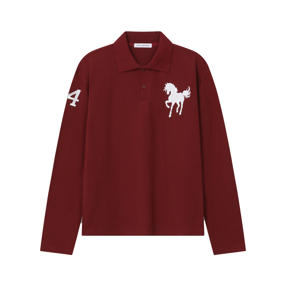 슬로우 레코드 하우스 홀스 자수 크롭 긴팔 카라티 버건디(SLOW RECORD HOUSE Horse Embroidered Cropped Long Sleeve Polo Shirt Burgundy)
