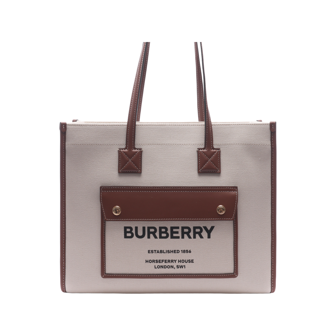 8044138 NATURAL TAN 24F [25% 쿠폰] Burberry Small Two-Tone Canvas and Leather Freya Tote Bag Natural Tan