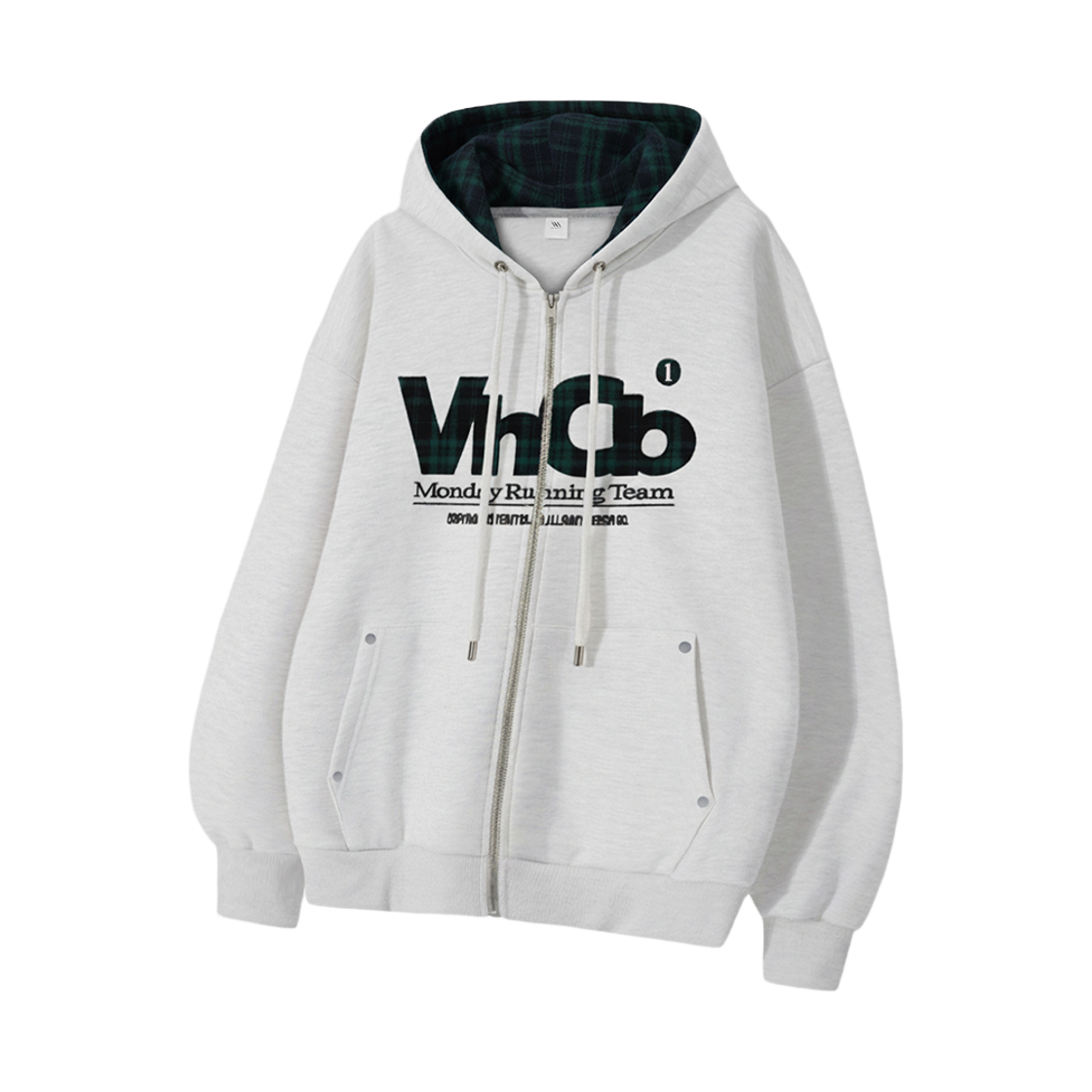 벤힛MRT 체크 아플리케 후드집업 화이트 메란지(venhit MRT check applique hooded zip-up white melange)