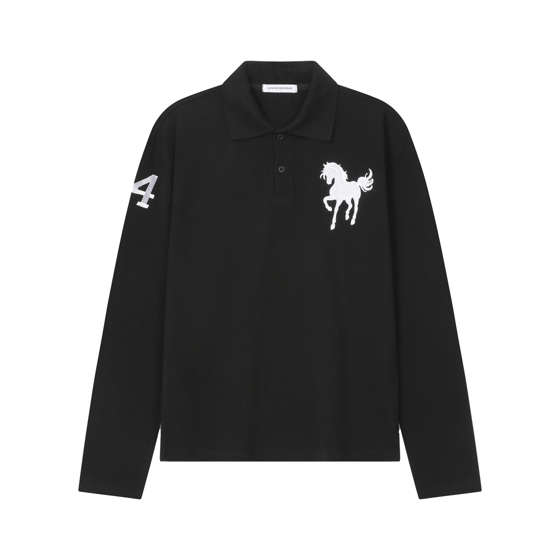 슬로우 레코드 하우스 홀스 자수 크롭 긴팔 카라티 블랙 (화이트)(SLOW RECORD HOUSE Horse Embroidered Cropped Long Sleeve Polo Shirt Black (White)) - 1