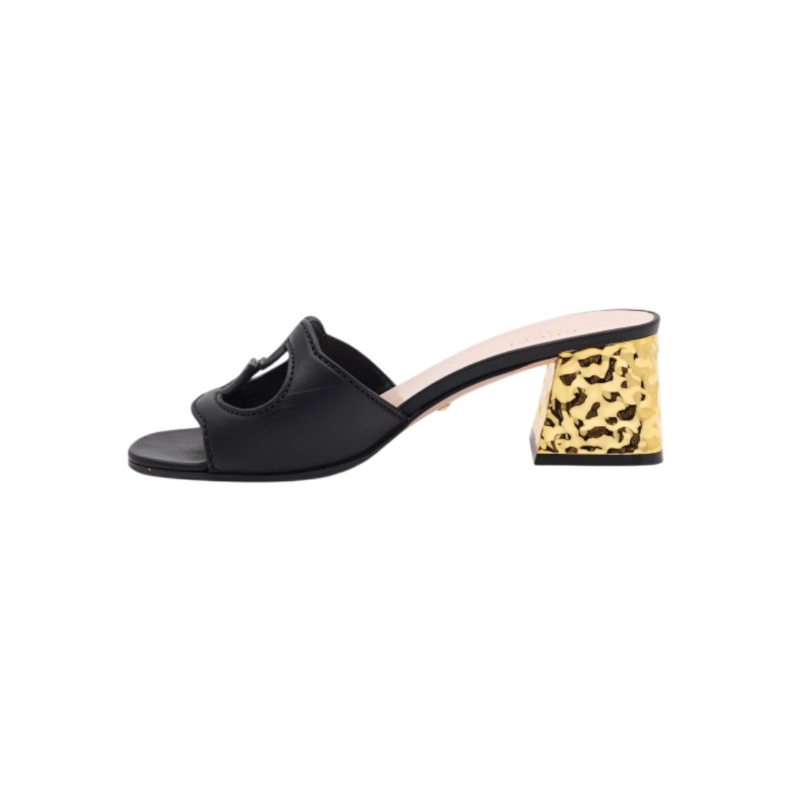 IT69A22TBN6R Gucci Interlocking G Cutout Black Leather MidHeel Sandals