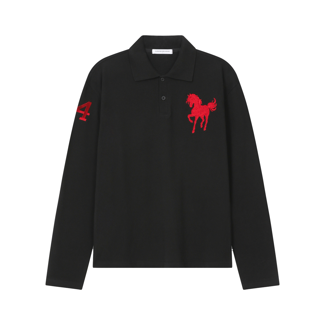 슬로우 레코드 하우스 홀스 자수 크롭 긴팔 카라티 블랙 (레드)(SLOW RECORD HOUSE Horse Embroidered Cropped Long Sleeve Polo Shirt Black (Red))