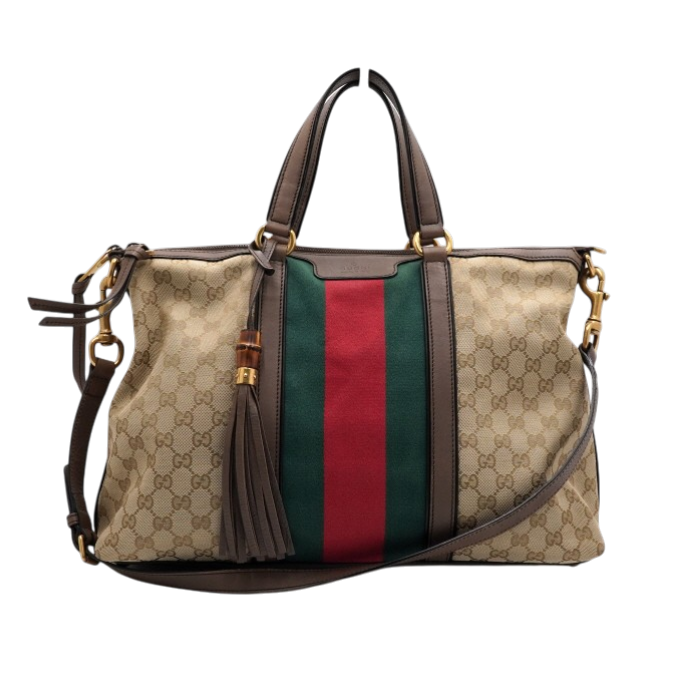ITAED8S7CCFD Gucci GG Logo Canvas Brown Leather Trimmed Tassel Tote Bag