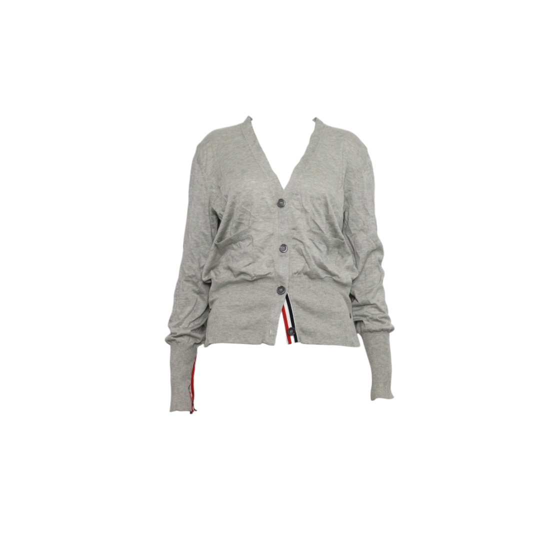 ITR235M48AKH THOM BROWNE FKC301A Gray Silk Blend Intarsia Stripe Cardigan