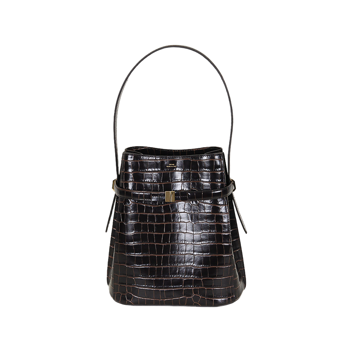 244 WAL0048 LE0076 034 [25% 쿠폰] Toteme Belted Croco Embossed Bucket Bag Dark Brown