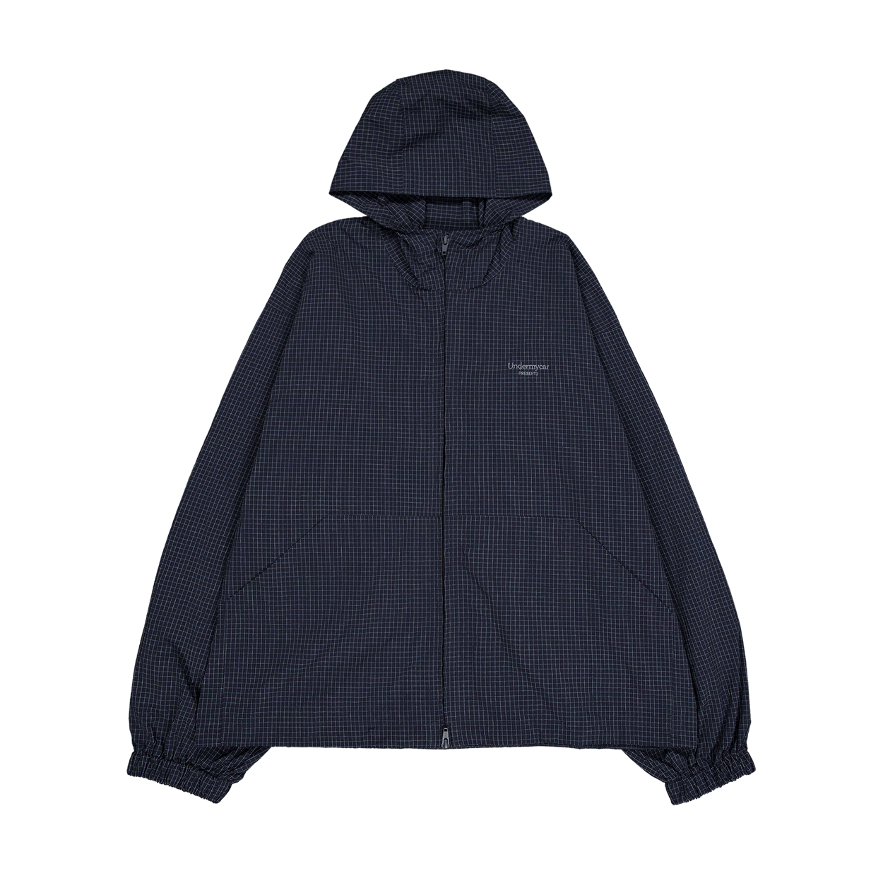 언더마이카 무.191 클래식 로고 마이크로 체크 후디드 윈드브레이커 네이비(Undermycar Mu.191 Classic Logo Micro Check Hooded Windbreaker Navy)