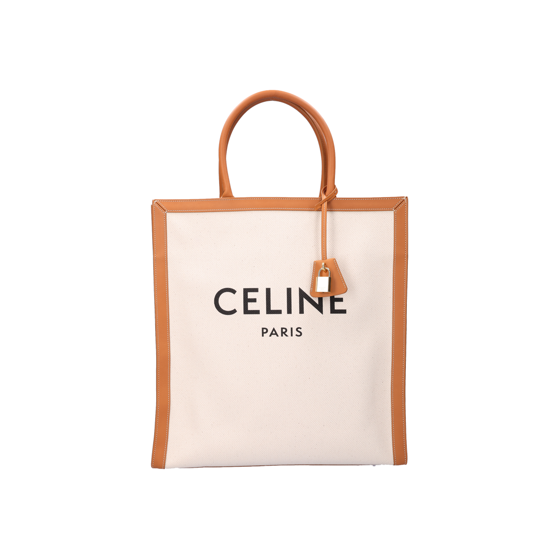 ITSH3ECCKA4N Celine 190402BNZ Printed Small Vertical Cabas Bag in Natural Canvas & Tan Calfskin