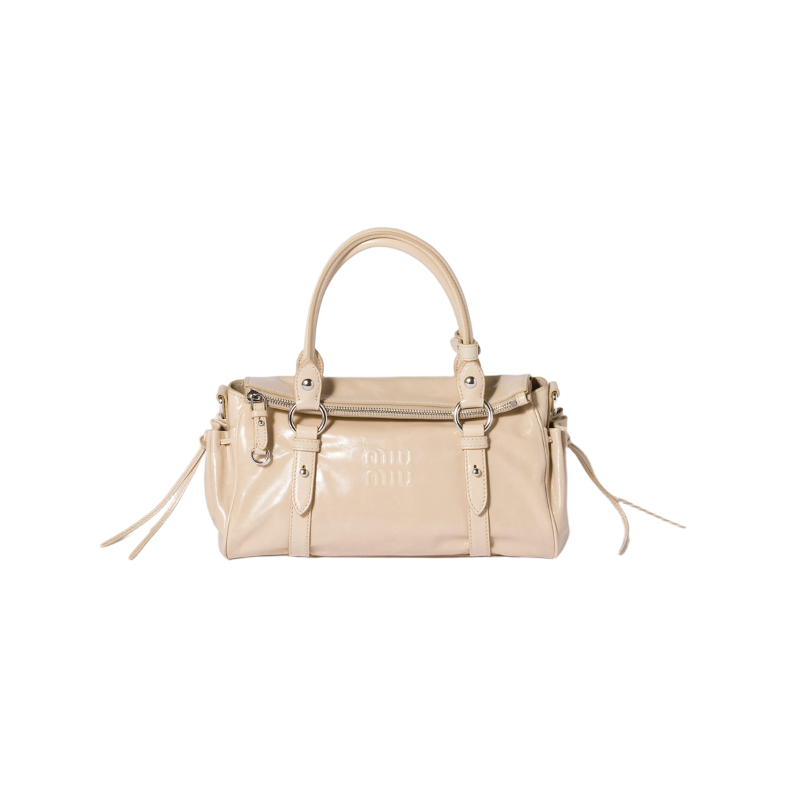 5BA333-2A44-F0485 Miu Miu Glossy Leather Handbag Travertine Stone