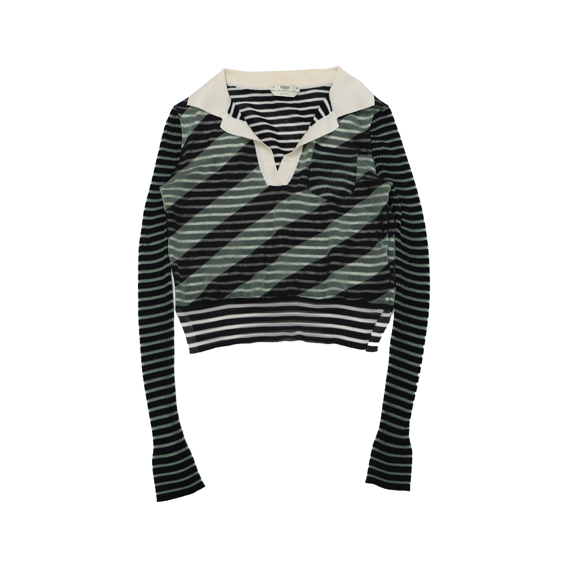 펜디 멀티 스트라이프 크롭 폴로 니트 풀오버 비스코스 다크 그린(Fendi Multi Stripe Cropped Polo Knit Pullover Dark Green)