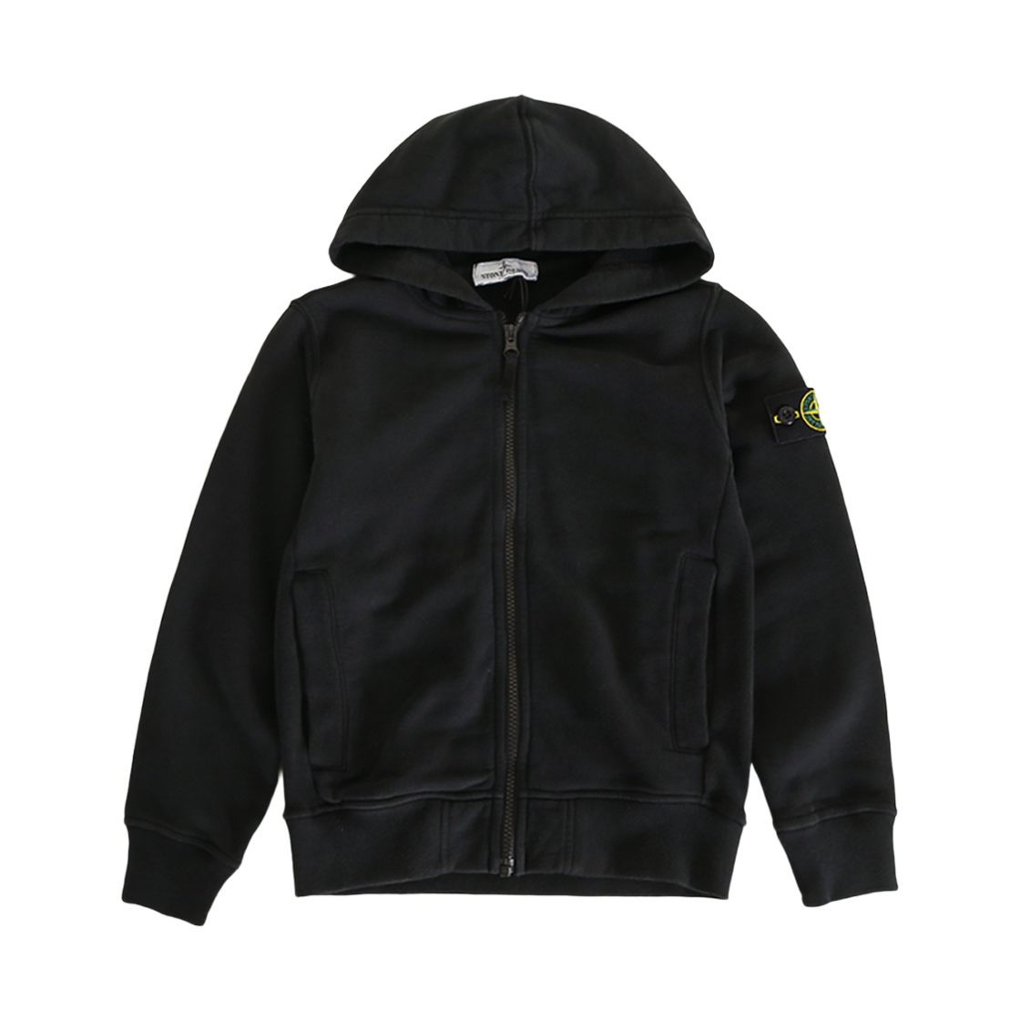 L2S166100006 S0A20 V0029 10-12Y [25% 쿠폰] (Kids) Stone Island 6100006 Brushed Organic Cotton Fleece Regular Fit Hooded Zip-Up Sweatshirt with Ribbed Bands Black - 26FW