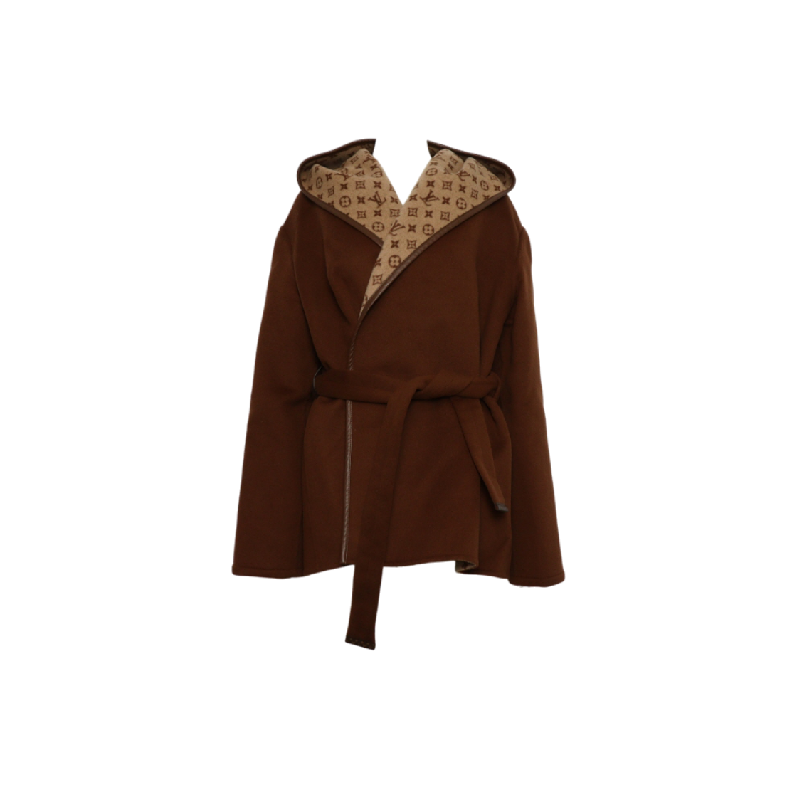 ITS26HBD3KOV Louis Vuitton Brown Monogram Hooded Wrap Belted Coat Jacket