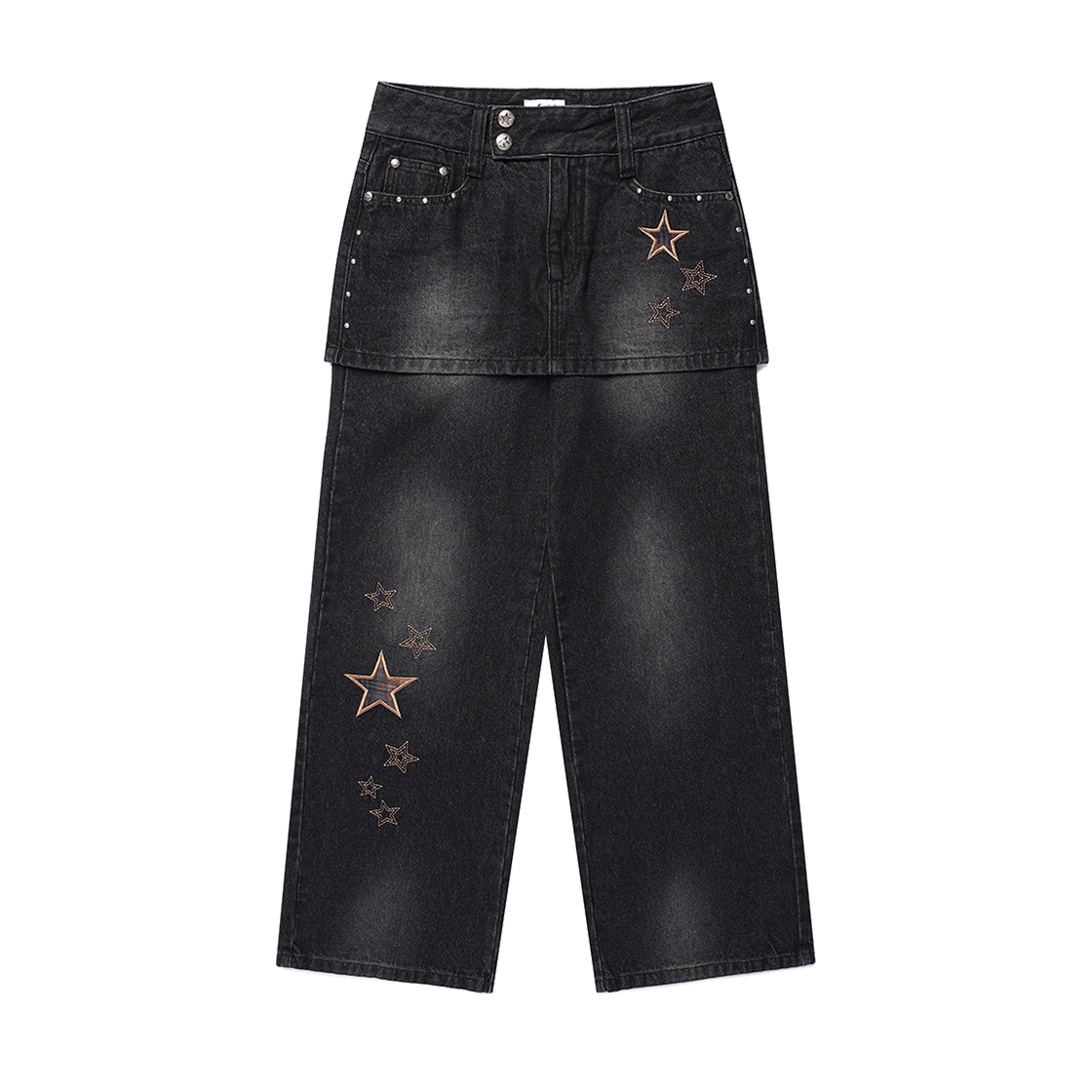 CV2GFFD111ABK CAVISH W Star Applique Layered Skirt Denim Pants Black