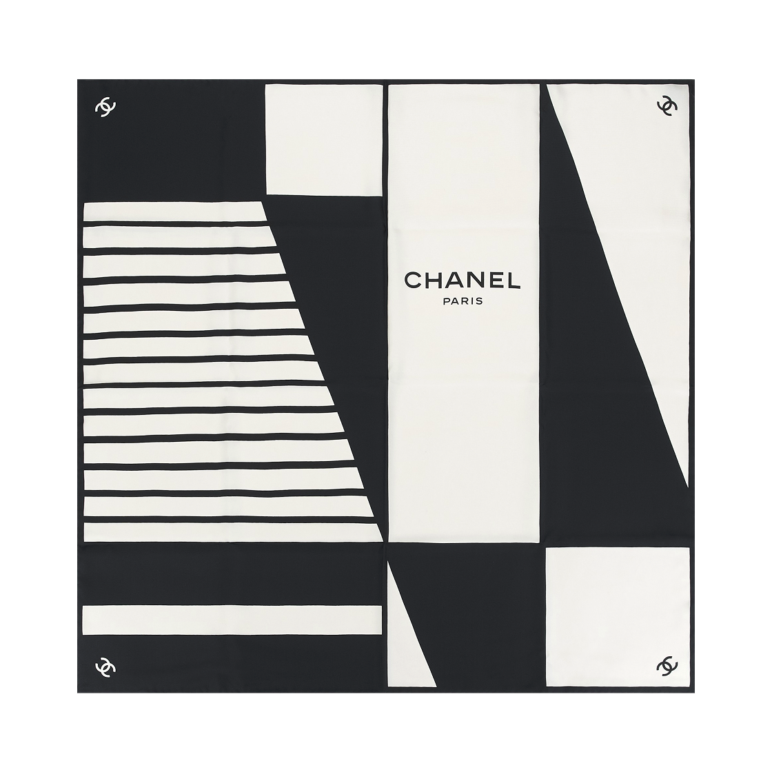 AAC153-B25261-UB835 Chanel Square Scarf Silk Twill & Ecru Black