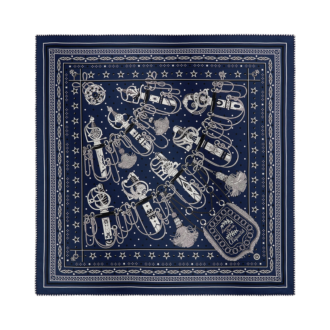 H044393S09 (W) Hermes Cliquetis Bandana 55 Silk Twill & Marine Blanc Noir